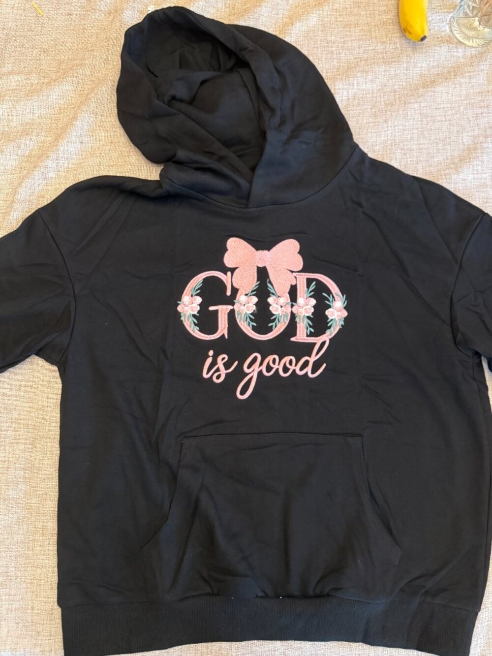 "God is Good" Womens Embroidered Hooded Sweatshirt Hoodie Christian Faith